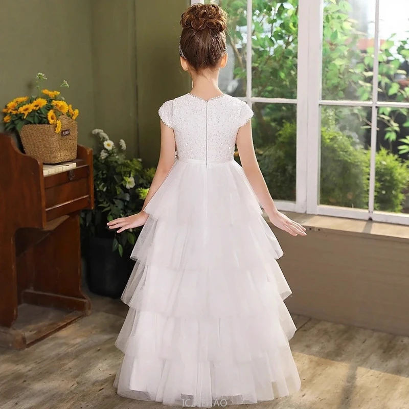 Hochzeitskleid 2025, neue weiße Mädchen-Kuchenkleider, Kinder-Performance-Prinzessin-Kleid, Kinderkostüm, süße Geburtstagsfeier, Festzug, Klavier