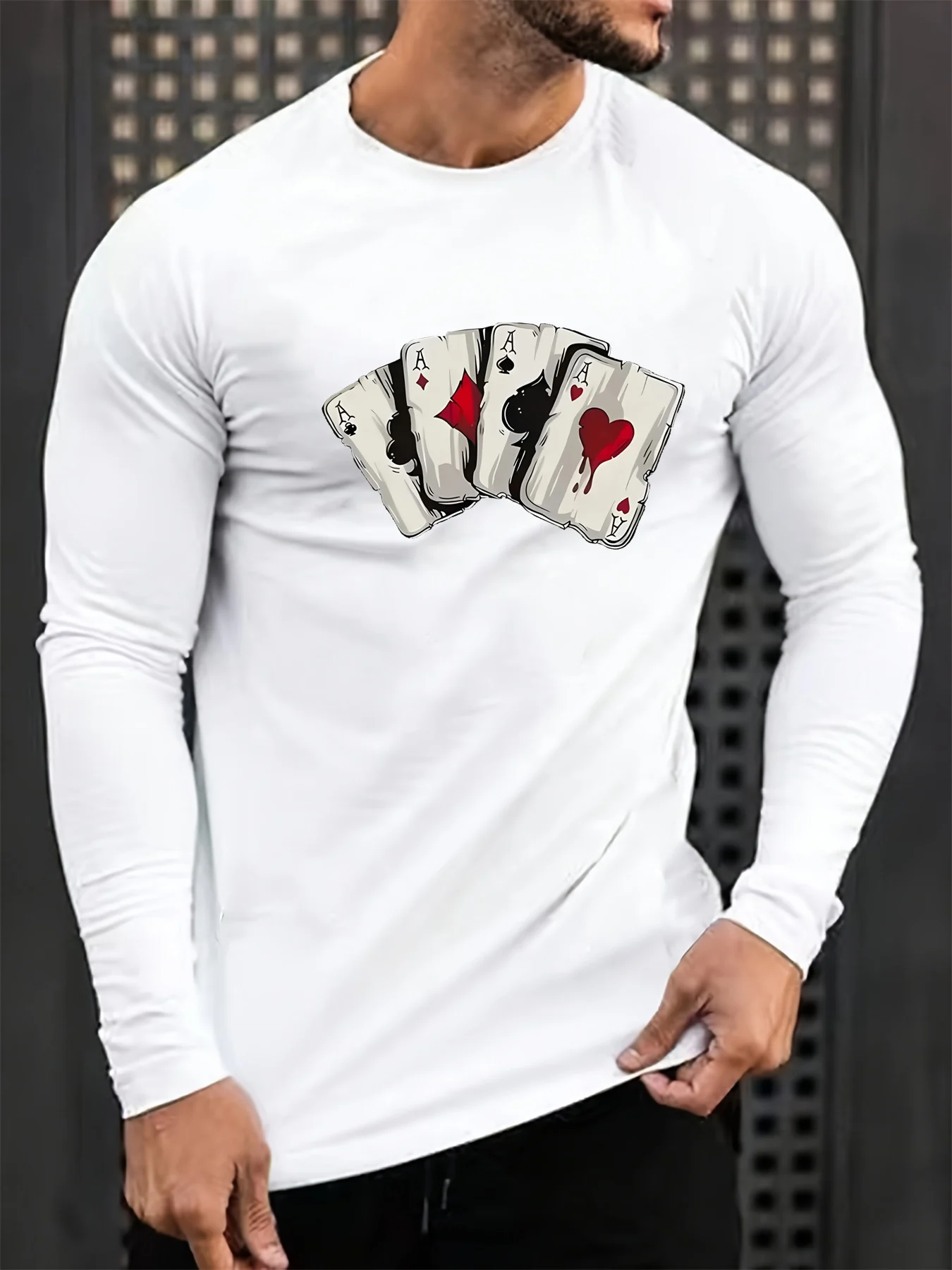 Men's 100% pure cotton loose and comfortable casual sports poker card pattern printed round neck long sleeved T-shirt top