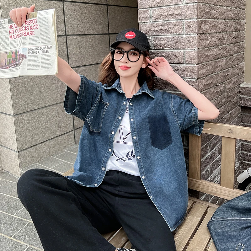 2023 Summer New Denim Shirts Women Vintage Loose Turn-down Collar Short Sleeve Blouses Tops Streetwear