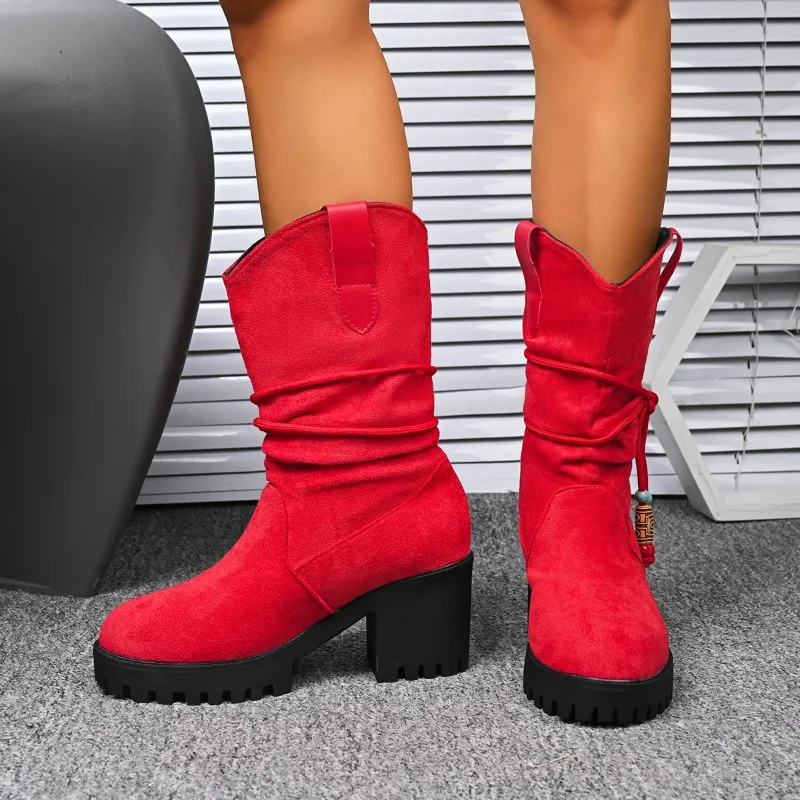 Suede Platform Mid-Tubular Shoes Round Toe Sleeve Platform Anti-Slip Wear-Resistant Thick Heel Single Shoes