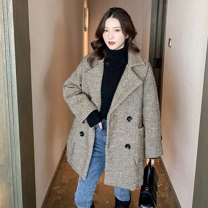 

Plaid Coat Women Women's Woolen Blazer 2024 New Autumn and Women Autumn Winter Coat Thickened Small Mid-length Woolen Coat