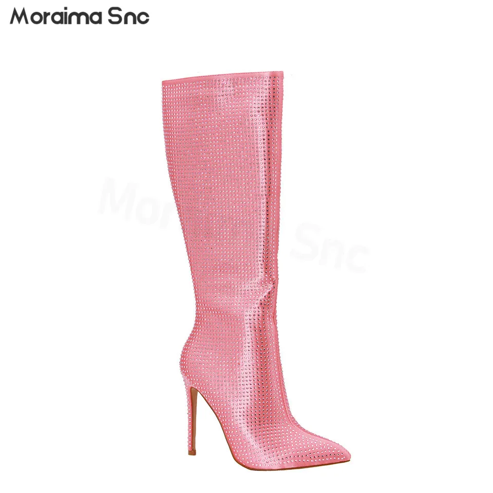 

Pink Starry Rhinestone Boots Pointed Toe Stiletto Knee-Length Large Size Women's Boots Luxury Temperament Fashion Women's Shoes