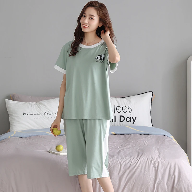 

Big Size M-4XL Women Pajamas Set Summer Modal Short Sleeve Sleepwear Female Calf-Length Pants Pyjamas