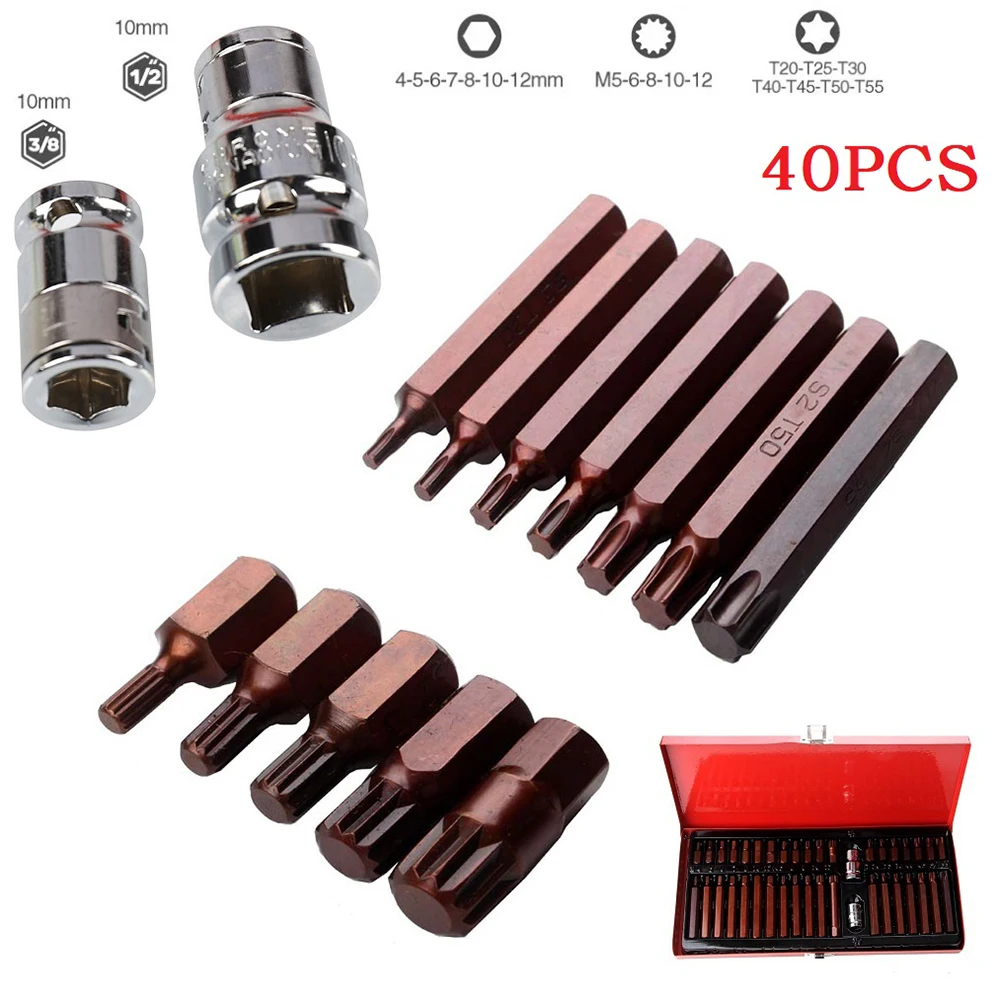 40pcs Torx Star Screwdriver Bits Socket Set 30/75mm T20/T25/T30/T40/T45/T50/T55 Hex Shank Ratchet Wrench Electric Driver Parts