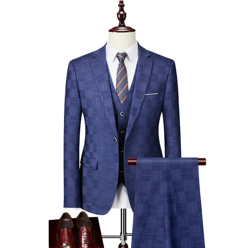 Plaid Suit Men Blazer Vest Pants Business British Style Wedding Dress Banquet High End Slim Fit 3 Piece Set mens suit