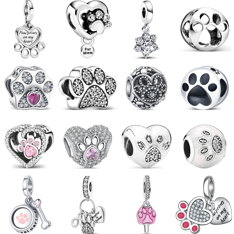 Beads Charms 925 Sterling Silver Cute Animals Dog Paw Print Pendant Love Heart Beads Fit Original Pandora Bracelet DIY Jewelry Making