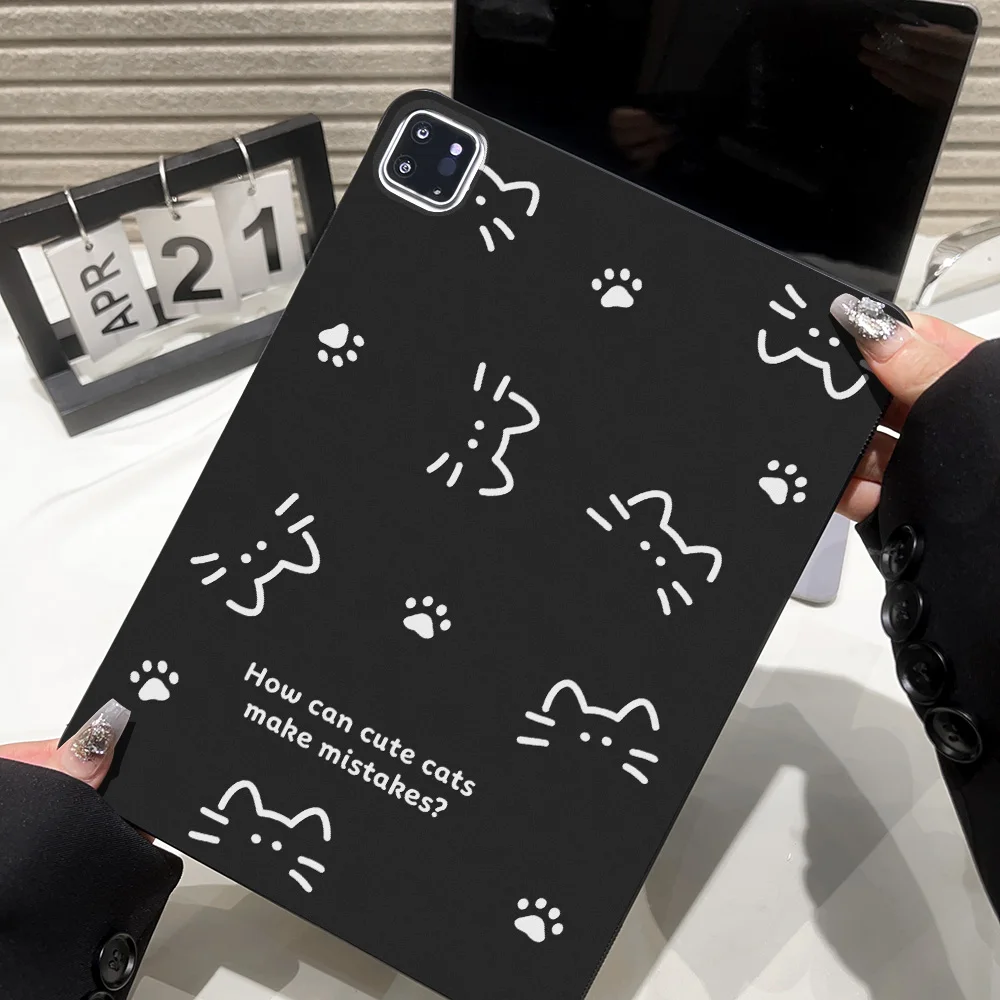 Matte Minimalist Line Cat Print Tablet Case - Black and White Design