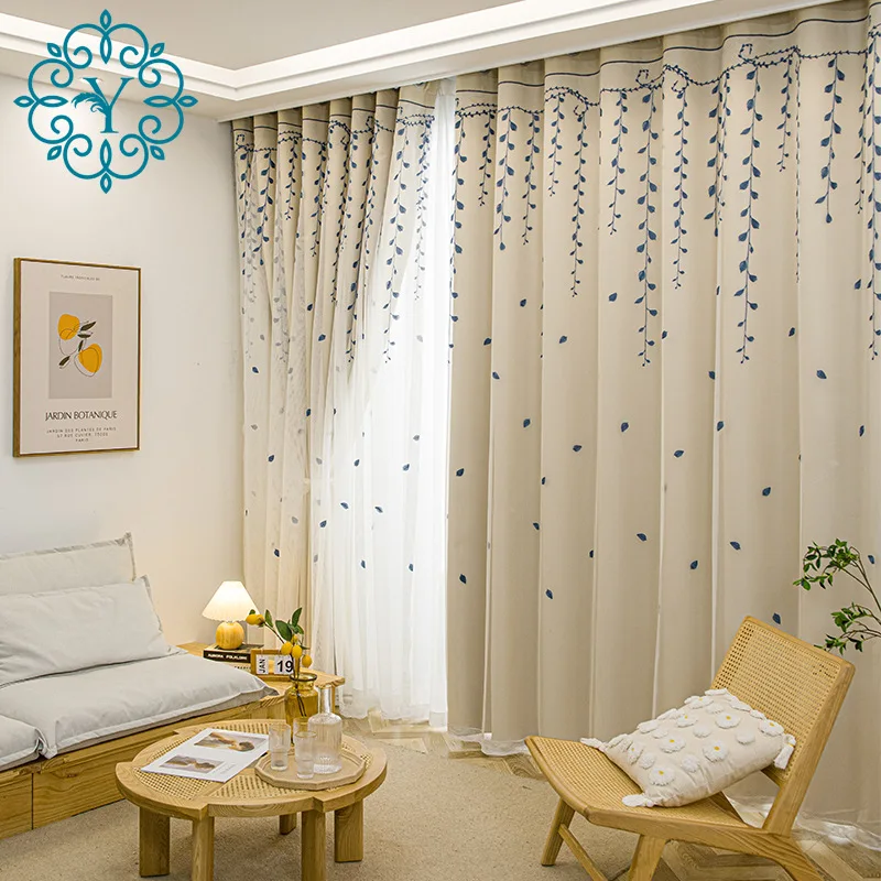 

New Pastoral Modern Minimalist Style Fabric and Gauze Integrated Blackout Balcony Living Room and Bedroom Splicing Curtains