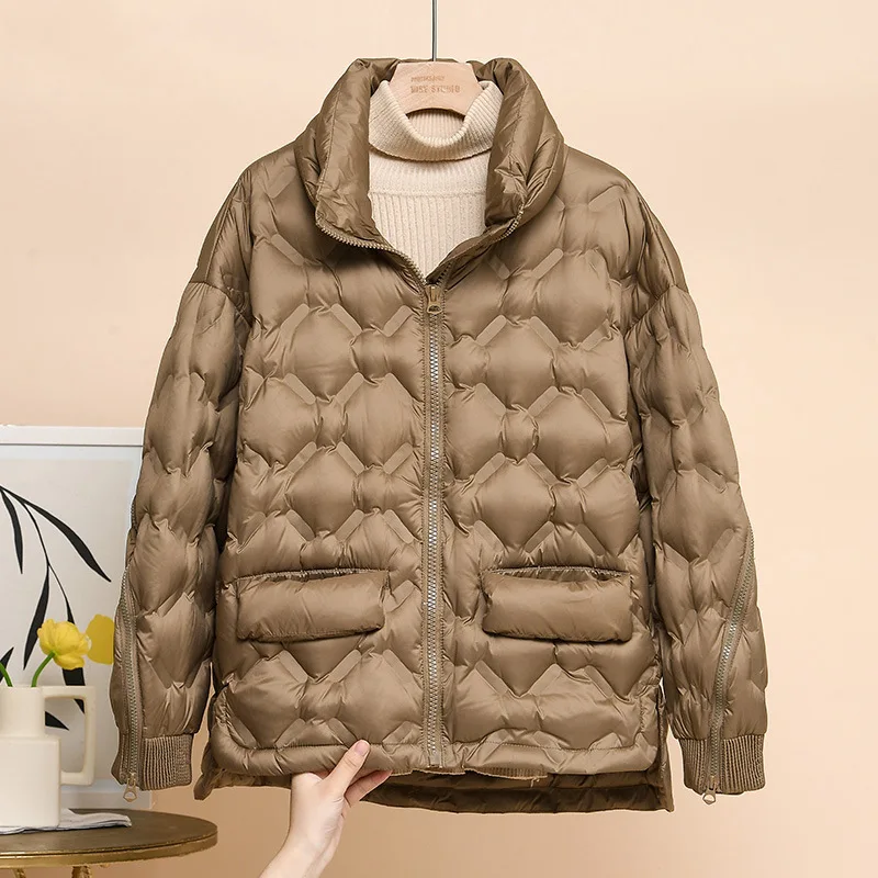 

QAZIQILAND Warm Down Jacket for Women Autumn Winter 2023 Fashion Casual Loose Coat Chic Long Sleeve Stand Collar Parkas Outwear