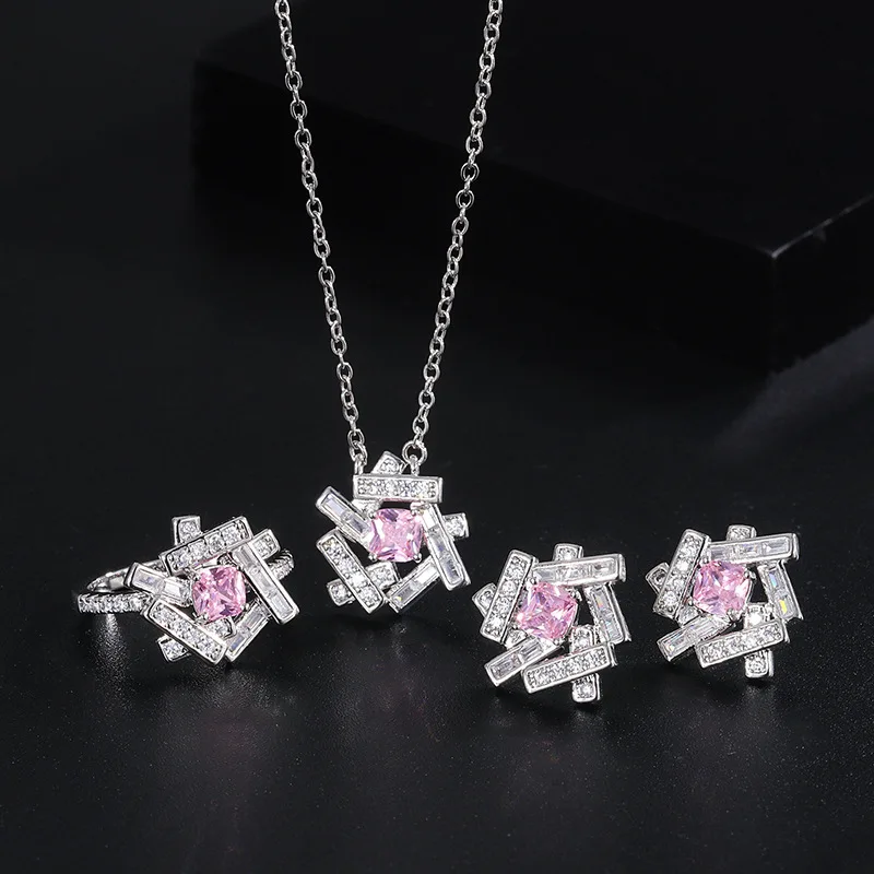 

Clavicle Fairycore Puzzle Pendant Chain Necklace Ring Earrings Pink Crystal Women Luxurious Party Wedding Jewelry Free Shiping