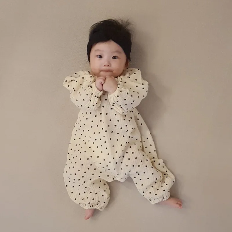 2023 봄 가을 롬퍼, 코튼 도트 베어 프린트, 단색 원지 점프수트, 전체 소매, 느슨한 소년 복장