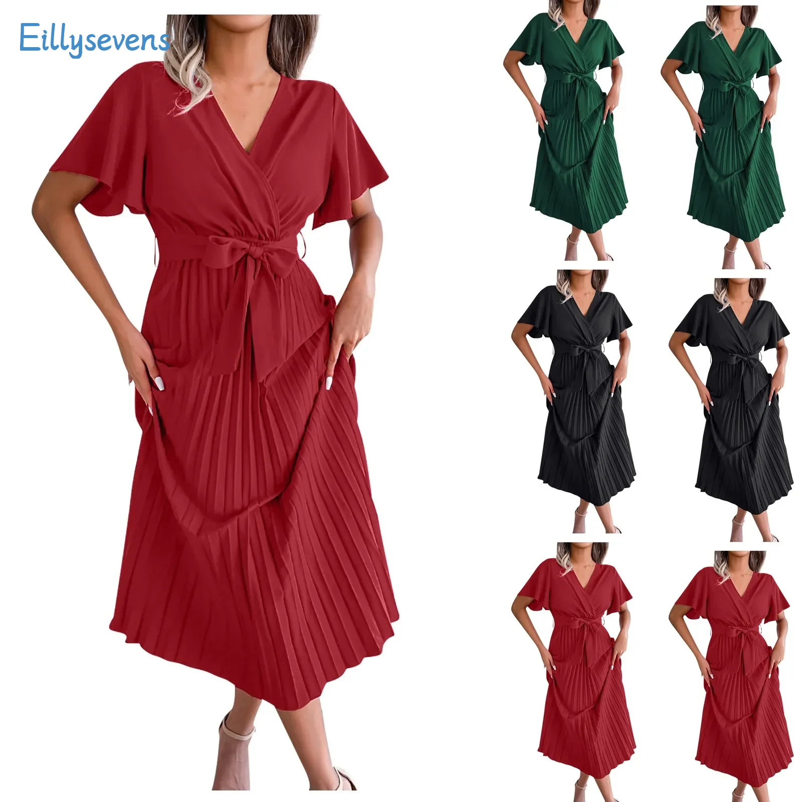 

New Fashion Dresses For Women Trend Sexy Cross V-Neck Lace-Up Large Hem Pleated Long Dress Daily Party Date Comfy Loose Dress