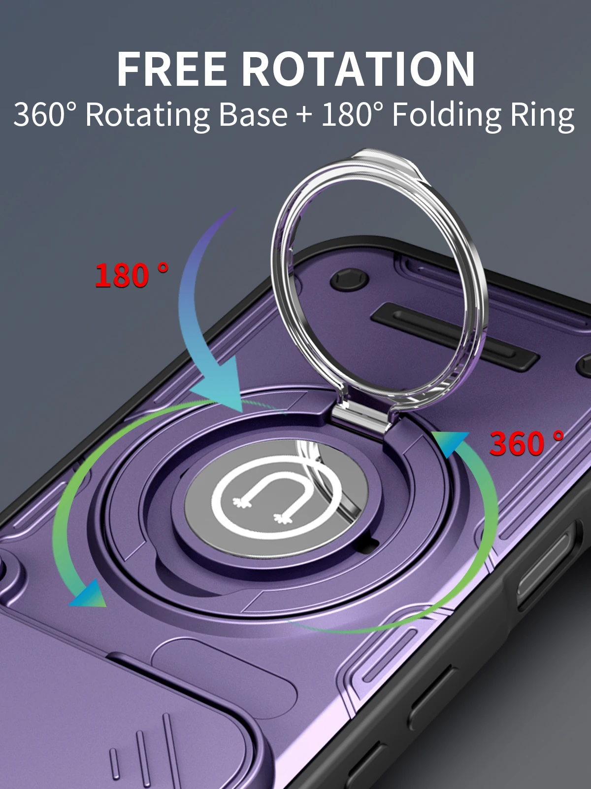 Magnetic 360° Ring Holder with Slide Camera Phone Case - Shockproof Stand Cover