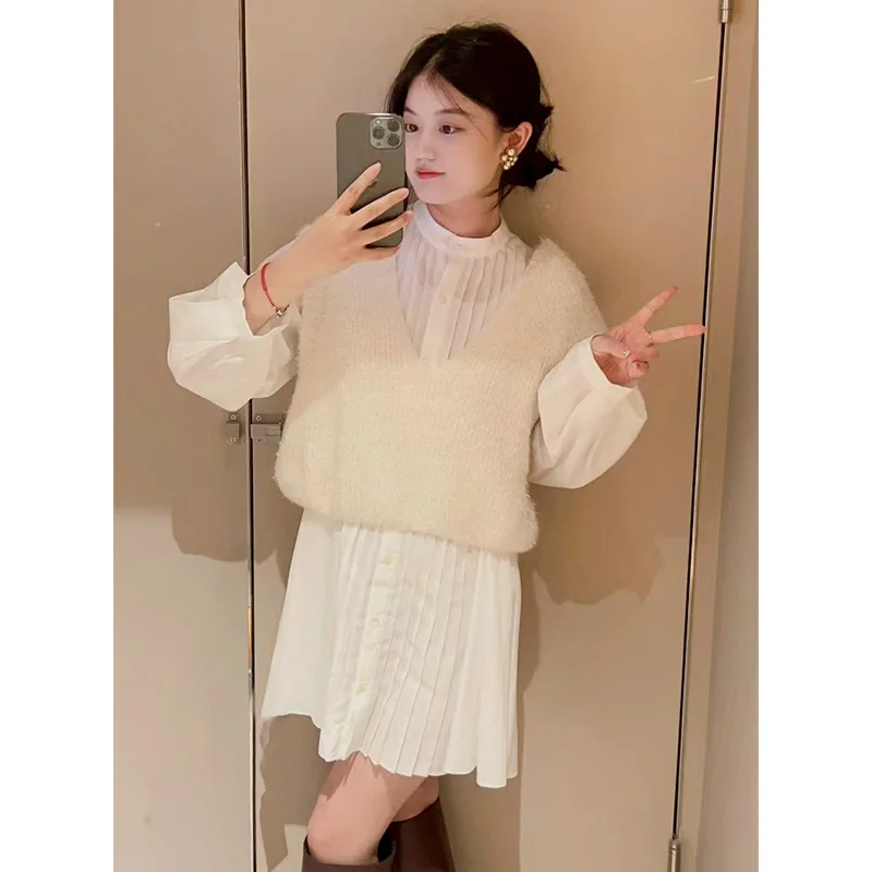 Japanese Style Sweet Solid Color Women's Suit 2023 Autumn Winter Off-Shoulder Pleated Puff Sleeve Blouse Knitted Vest Suit