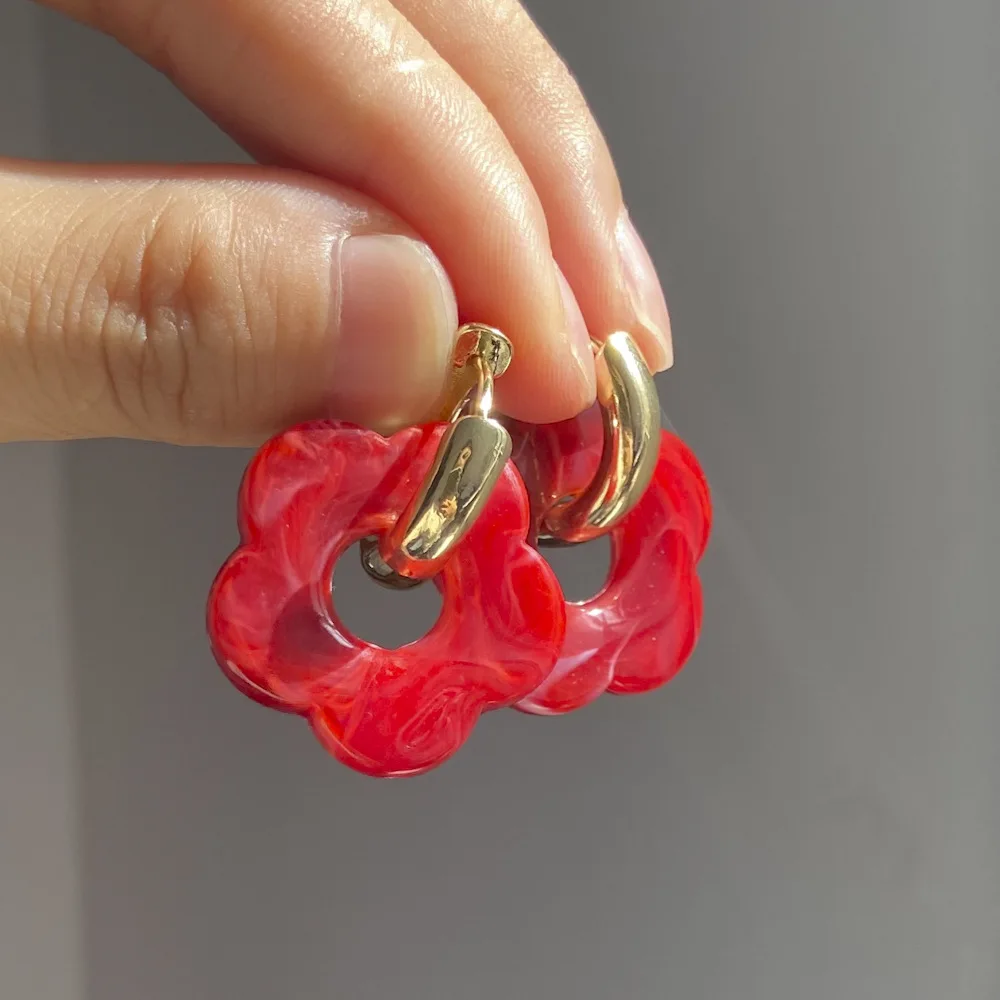 Earring Colorful Flower Resin Acrylic Charms Gold Color Circle Ear Buckle Hoop Earrings For Women