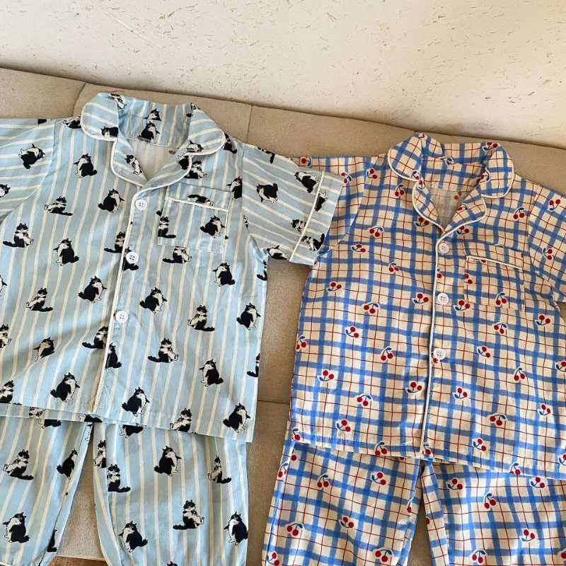 Children's Pajamas Summer 1-8Y Home Clothing Set Thin Pure Cotton Boys Lapel Top Pants 2Pcs Suit Girls Cartoon Printed Sleepwear