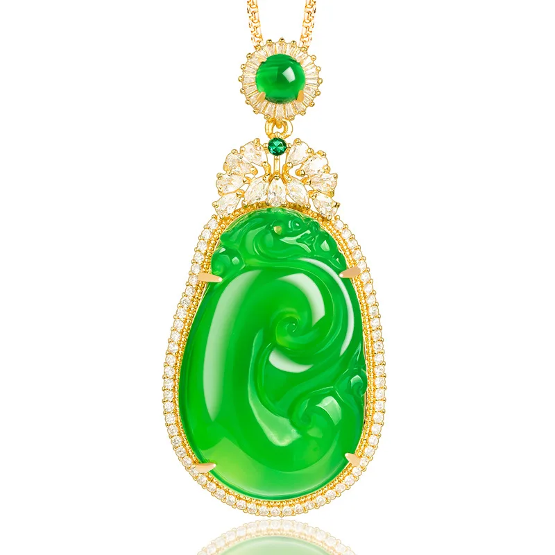 Authentic Natural Green Agate Ruyi Copper Plated Gold Inlaid Pendant For Women's Gifts Charms Fashion Jewelry Drop Shipping