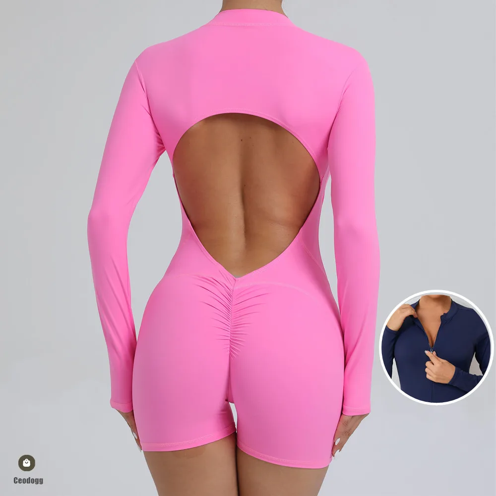 Women Yoga Set Long Sleeve Jumpsuit Gym Workout Shorts Fitness Bodysuit Sports Athletic Suit