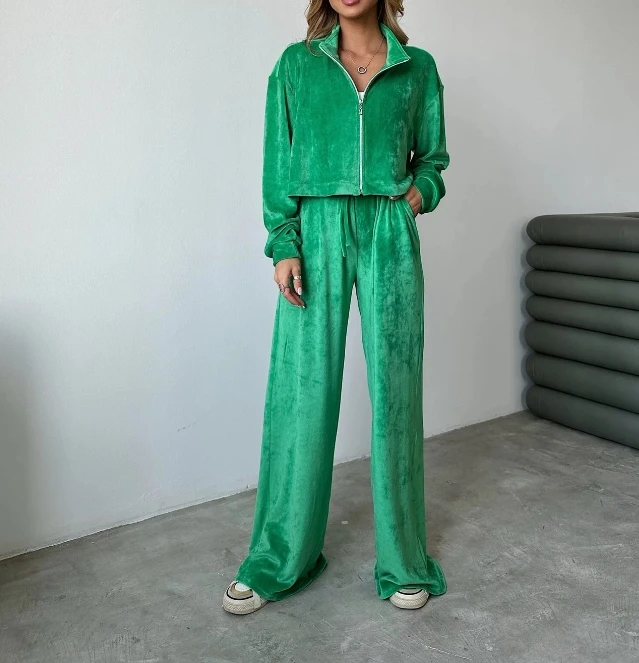 Two Piece Set Women Outfit Autumn Fashion Velvet Casual Long Sleeve Lapel Crop Zipper Jacket & Elastic Waist Wide Leg Pants Set