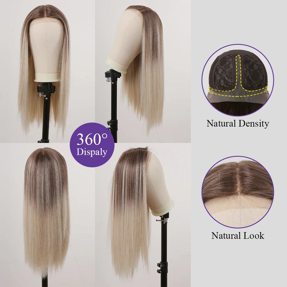Lace Front Synthetic Wigs Long Straight Ombre Blonde Lace Hair Wig for Women Daily Cosplay Party Natural Heat Resistant Fake Wig