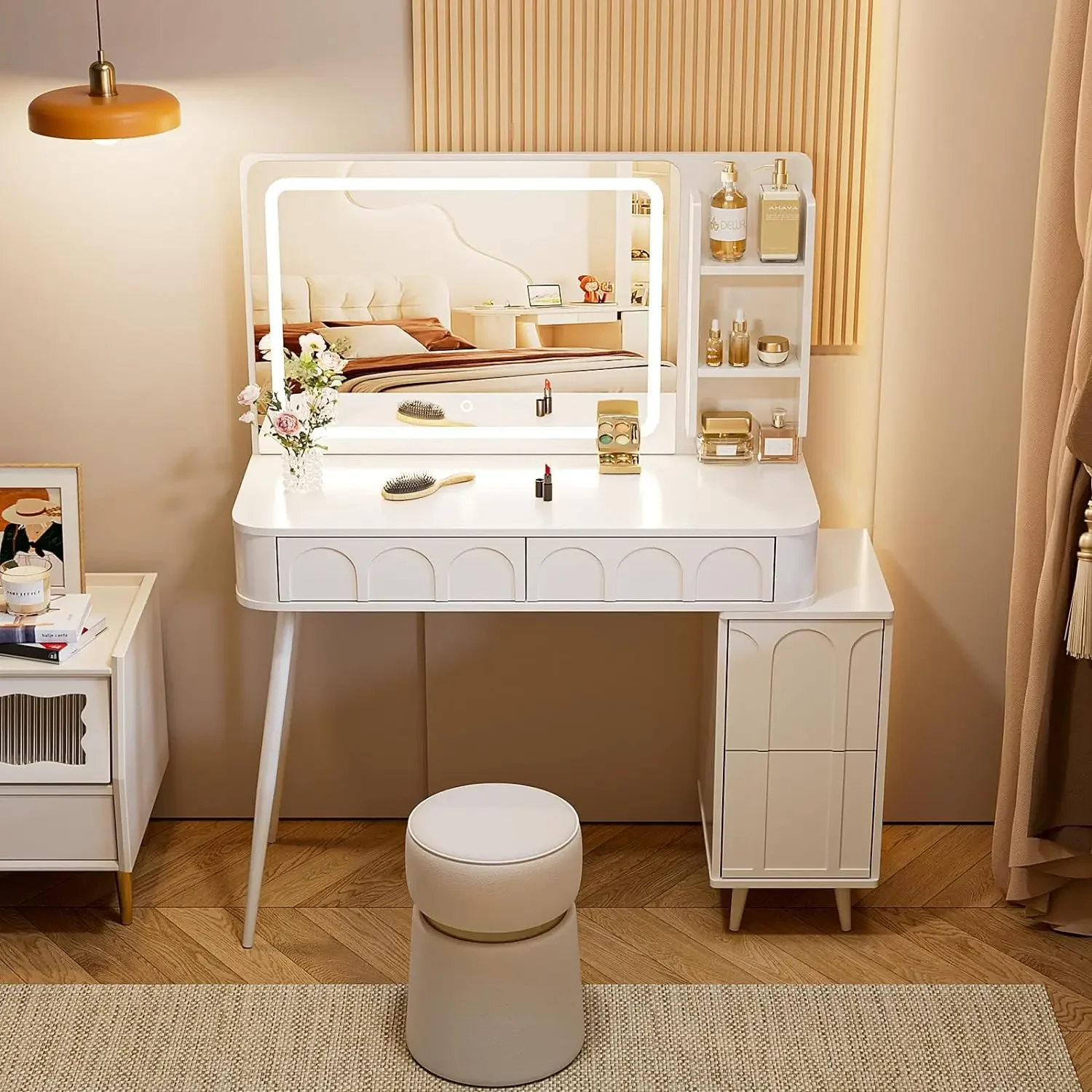 

Vanity Desk with Lights and Mirror, Big Modern Make Up Vanity Table with lighted mirror and 4 drawers, Large Dressing Van