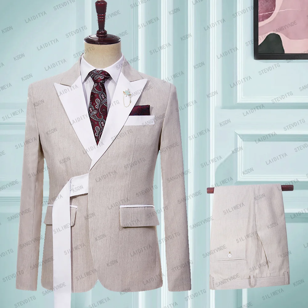 

Blazer Men's Suit khaki Jacket with White Notch Flip Tie White Belt Formal Business Coat 2-Piece Set (Jacket+Pants)