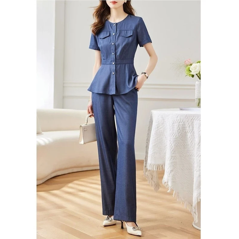 Summer New Pant Set Women Round Neck High Street Short Sleeve Button Cardigan Elastic Waist Pure Cotton Chic Wide Leg Trousers