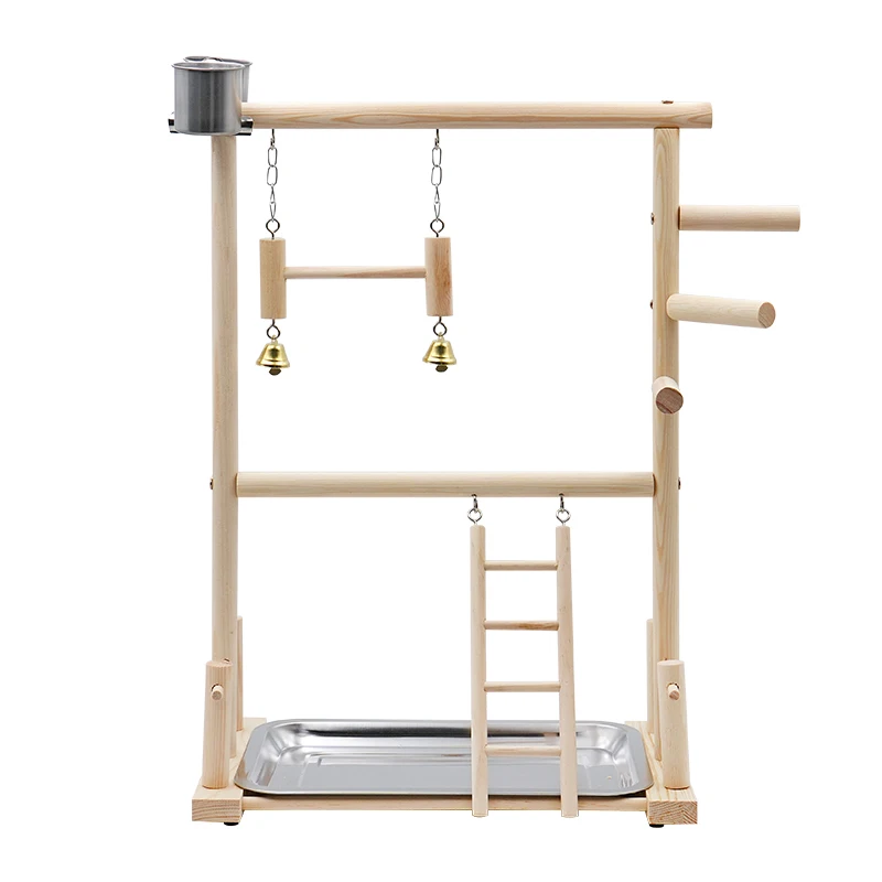 Bird Playground, Parrot Natural Wood Perch Stand With Stainless Steel Tray, Bird Play Gym Playpen With Ladder Feeding Cup For Parakeet Cockatiel