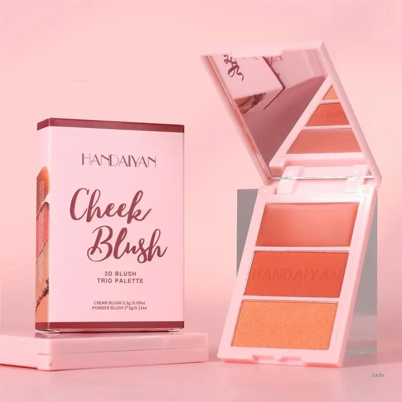 3 Colors Cheek Color Cream and Powder Blush Palette Set For Women and Girls Party Makeup