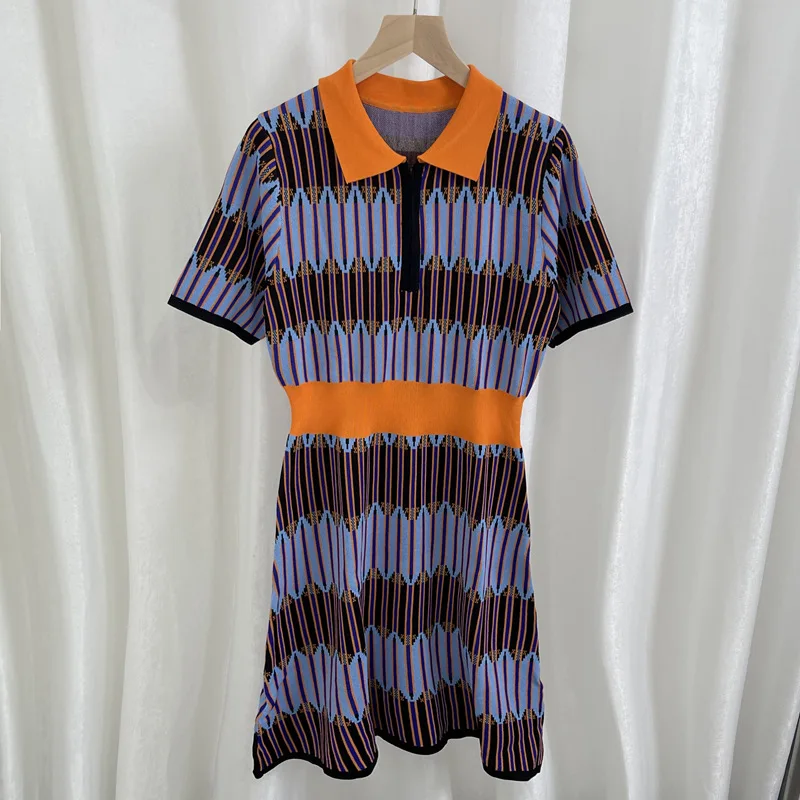 

Striped Contrast Color Women Knit A-Line Dress Turn-Down Neck Short Sleeves Elegant Lady Retro Dresses Vestidos Clothes