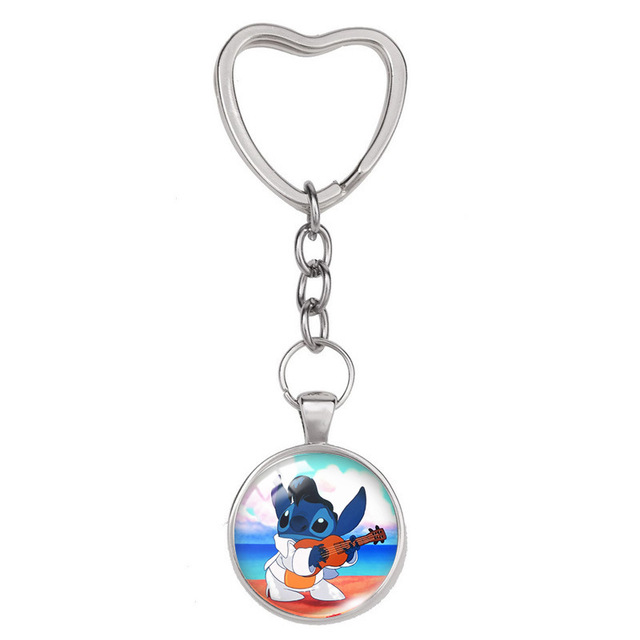 Lilo & Stitch Anime Figure Alloy Glass Heart-shaped Key Ring Key Chain Bag Accessories Children's Toys Birthday Gifts