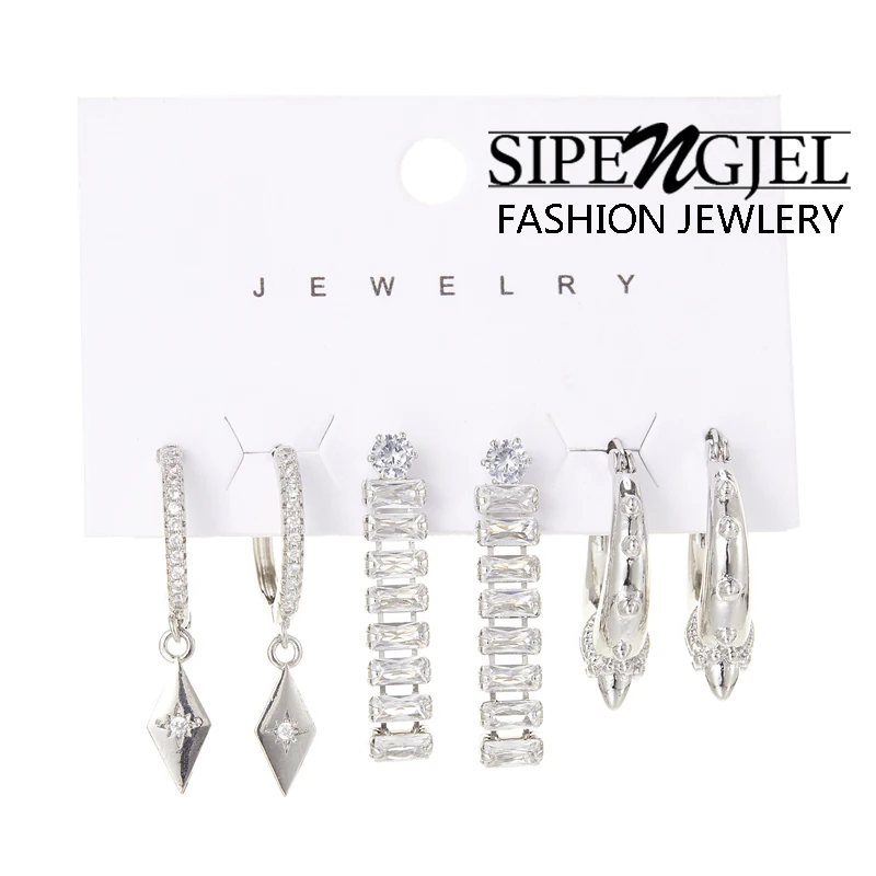 

SIPENGJEL Silver Plated Vintage Crystal Dangle Earrings Set for Women Man Geometric Metal Hoop Earrings Trendy Jewelry 2022
