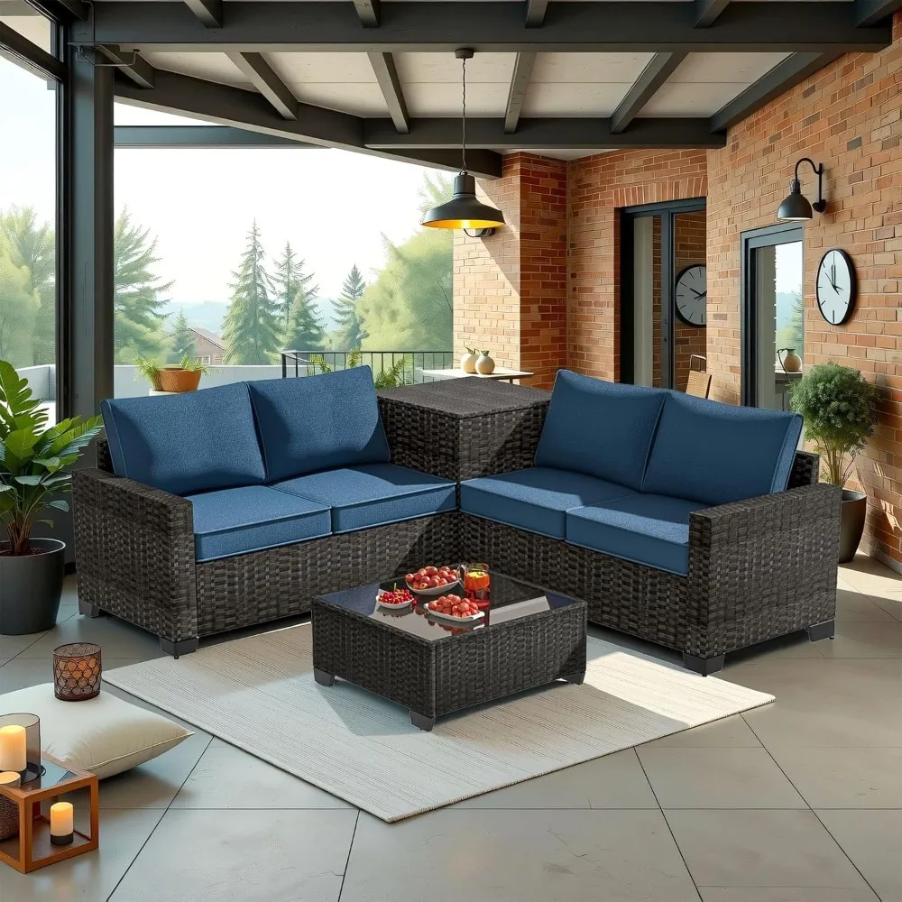Premium Outdoor Patio Furniture Set with Storage & Glass Table, Patio Conversation Sets with Thick Cushions, 4 Piece Rattan