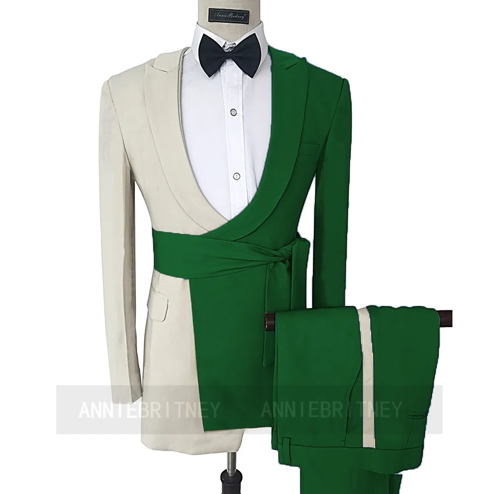 Formal Beige Camel Patchwork Belt Men Suit 2 Pieces Blazer Tailored Jacket Wedding Men Suits For Elegant Groom Tuxedo Pants