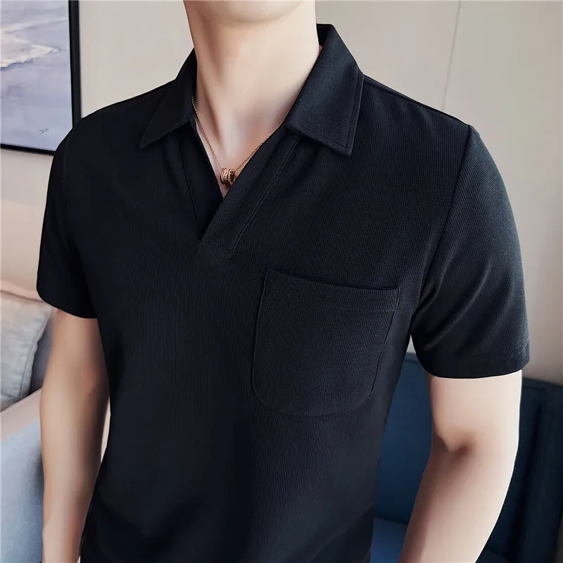 

Мужская летняя футболка поло с коротким рукавом, облегающий дышащий топ с v-образным вырезом, мужская одежда с карманами, дизайнерская Повседневная Футболка Camisa 2022