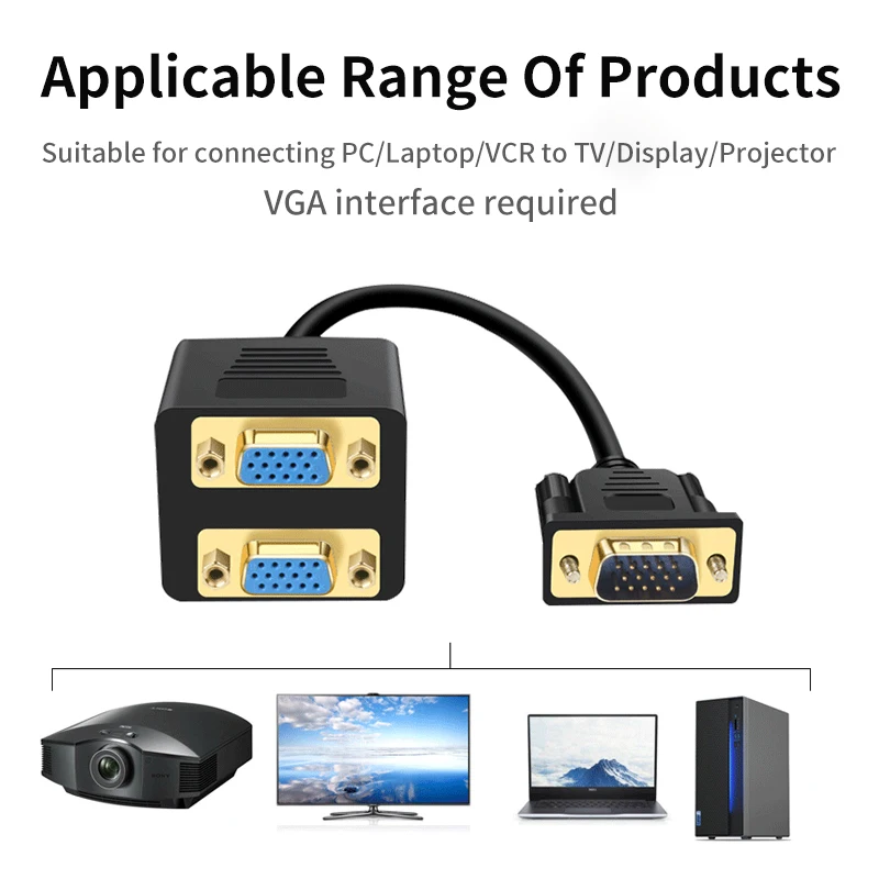 VGA Cable 1 in 2 Out HD 1080P Male to Female Adapter Splitter For Projector Laptop Computer Monitor Display