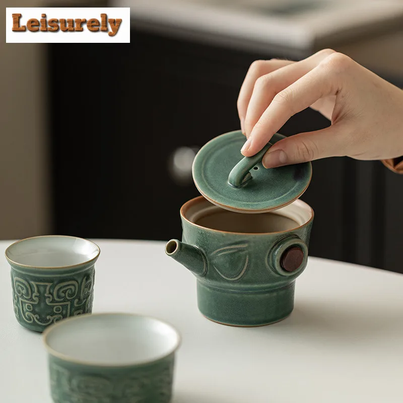 Chinese Sanxingdui Culture Portable Travel Teaset Kit Zen Tea Maker Teapot And Cups Outdoor Portable Leather Bag Tea Accessories