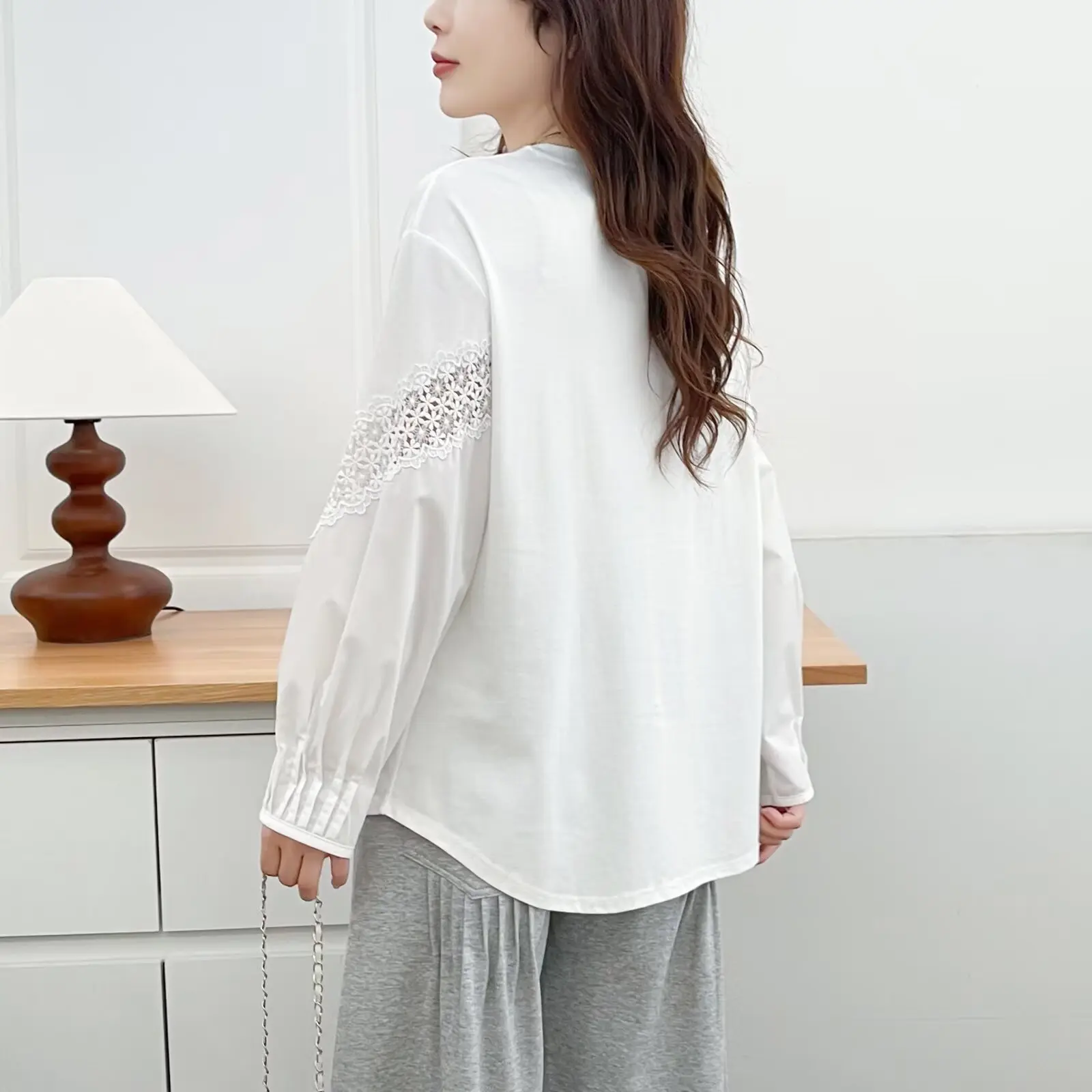 Fashion Plus Size Women's Tops For The Autumn 2025 Lace Patchwork Long Sleeve Stylish Ponte De Roma Knit Fabric T-Shirt 953