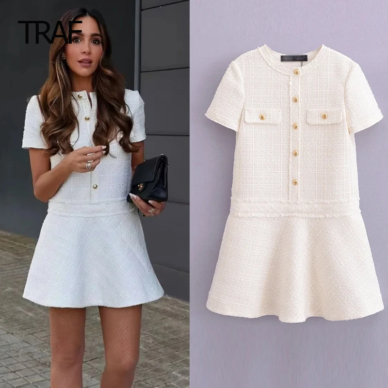 

TRAF Mini Textured Dresses Female Dress Spring Summer 2024 O-Neck Short Sleeves Dress Elegant Party Dresses For Ladies Luxury