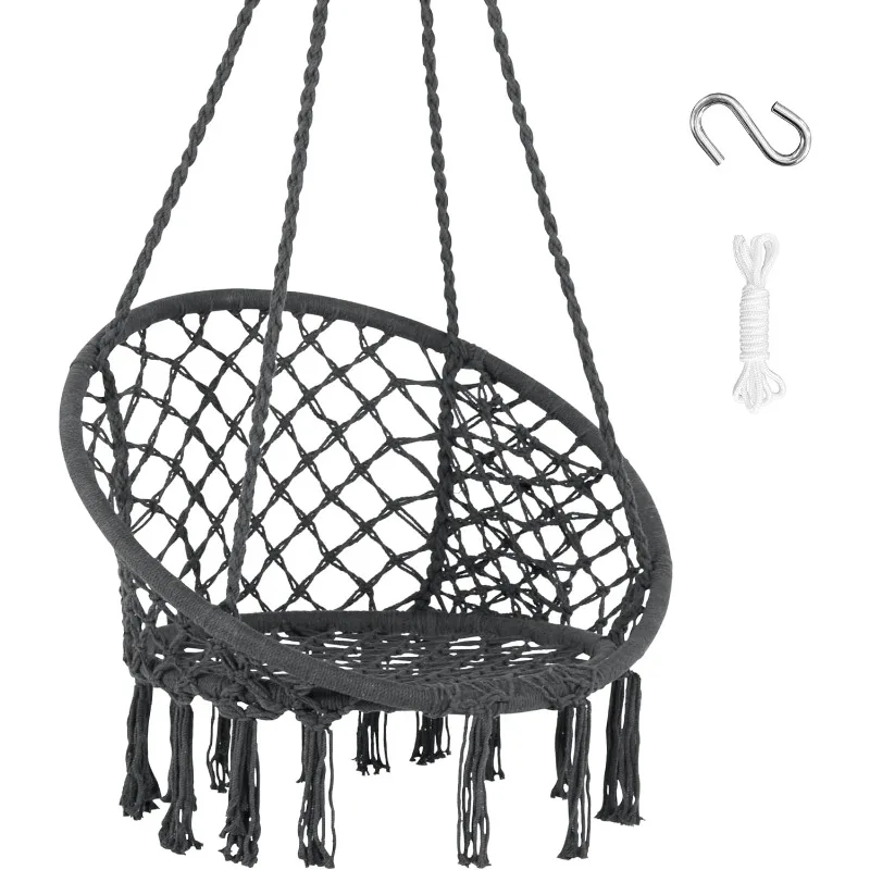 

Hammock Chair Hanging Macrame Swing with Cushion Handmade Knitted Mesh Rope Swing Chair for Indoor, Outdoor, Patio, Garden, Grey