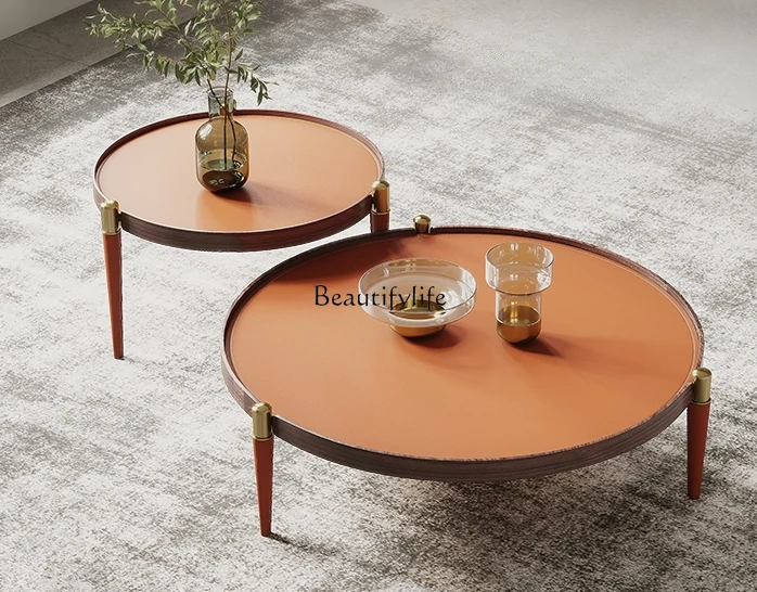 

Modern Light Luxury round Saddle Leather Tea Table Combination Small Apartment Living Room Minimalist Tea Table