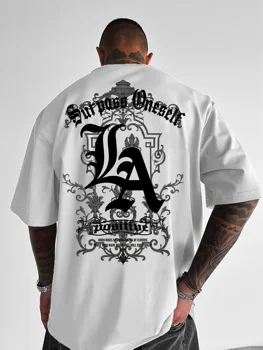 Men's summer 100 pure cotton fashionable casual sports loose back large LA letter printed round neck short sleeved T-shirt top