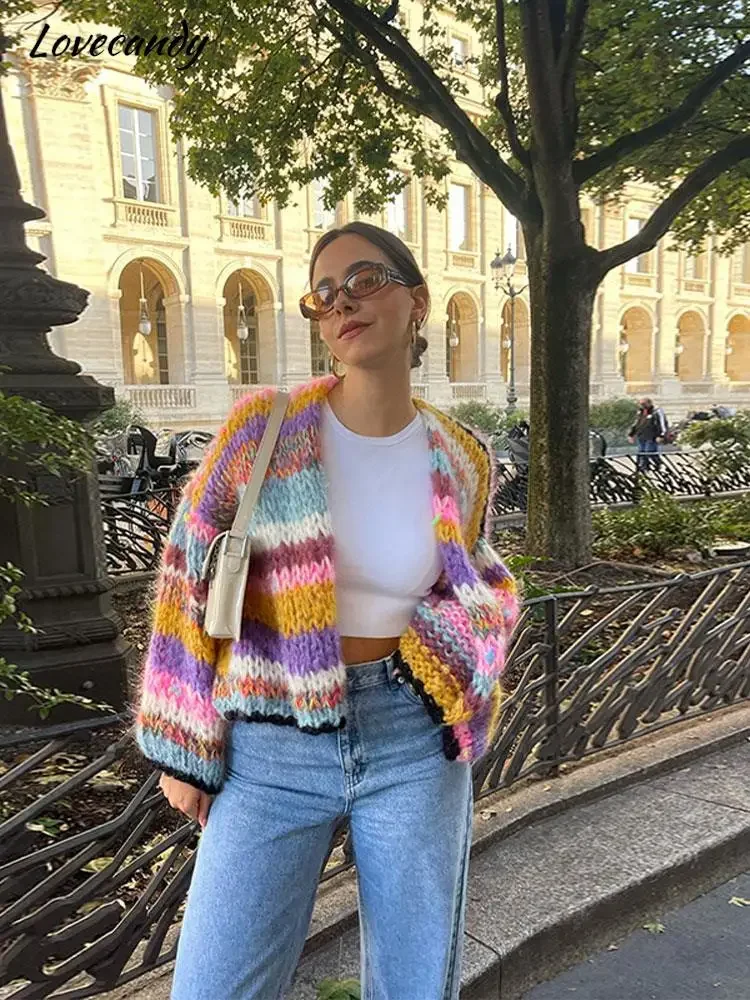 

Colorful Striped Crochet Knitted Sweaters Sweet Lantern Sleeve Loose Short Cardigans Women Autumn Fashion Streetwear Knitwears