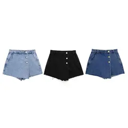 TRAFZA 2024 Summer Women Sexy Denim Solid Shorts Skirt Mini Button Pocket Skirts Female Zipper Skinny Casual Women Shorts Skirts