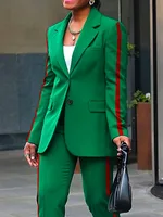 Freeacy 2025 New Women's Casual Blazer Side-striped Green Blazer Coat and High Waist Pants Female Commuter Clothes - Image 4