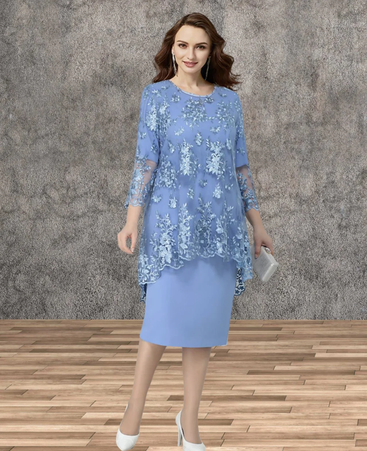 

Two Piece Sheath / Column Mother of the Bride Dress Tea Length Chiffon Sleeveless Jacket Dresses with Lace 2024