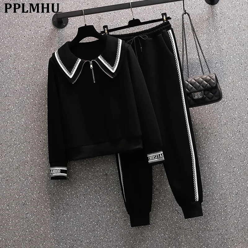 Oversized 4xl Jogging 2 Piece Set Korean Lapel Pullover Sweatshirt + Ankle Length Pant Suits Women Outfits 2023 Spring Tracksuit