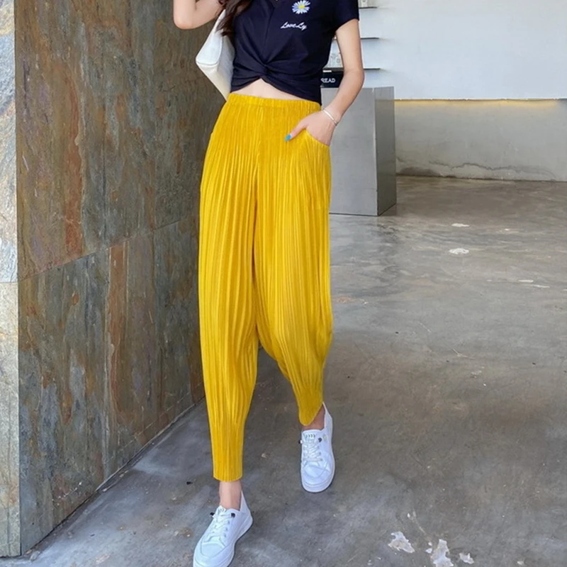18 Color Spring High Elastic Waist Trousers Women's Pleated Harem Pants Casual Loose Pockets Fold Solid Color Pants