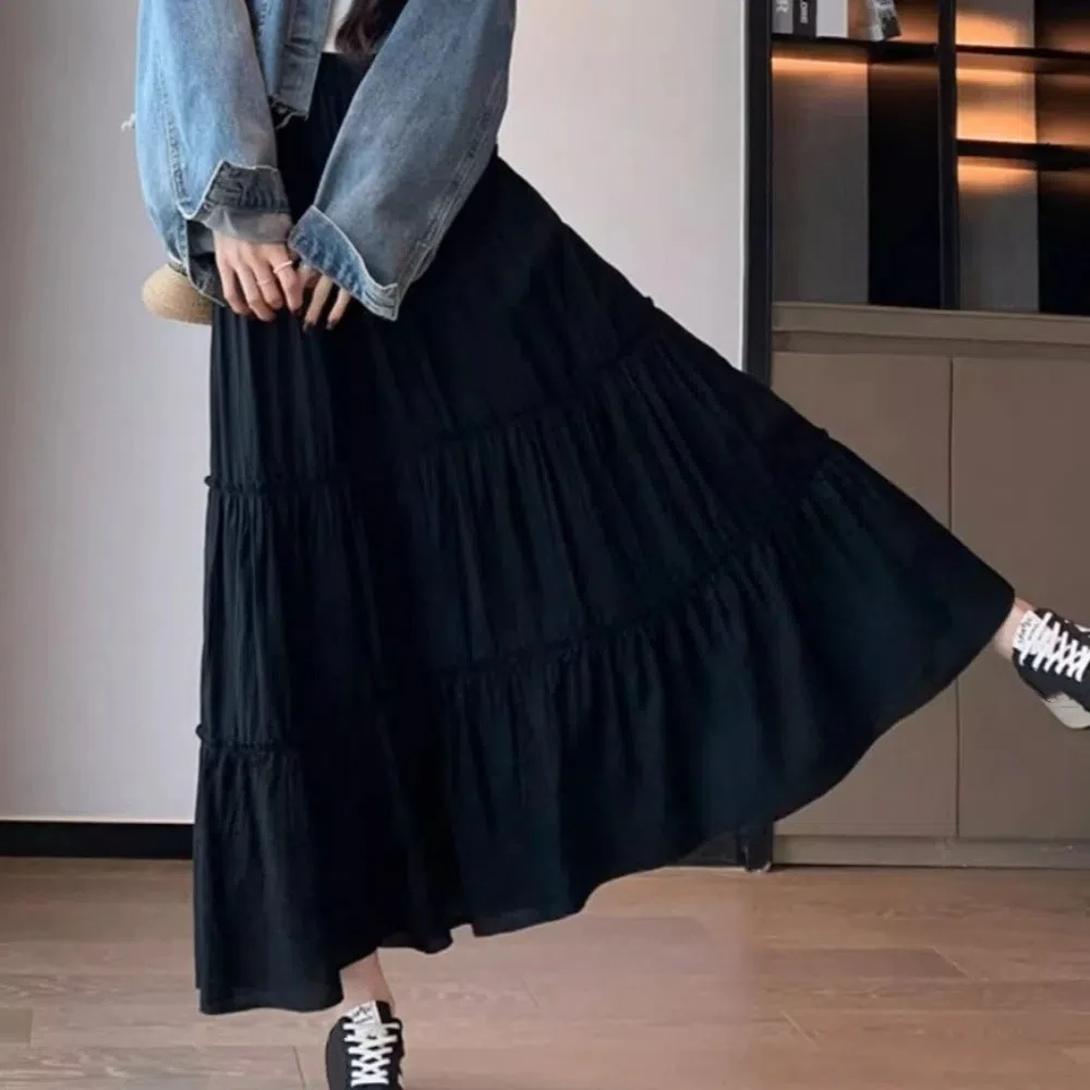 Solid Color Ruffle Half Dress Skirt Women with Ruffled Edges White Black Long Cake Skirt Korean Style Chic Half Dress