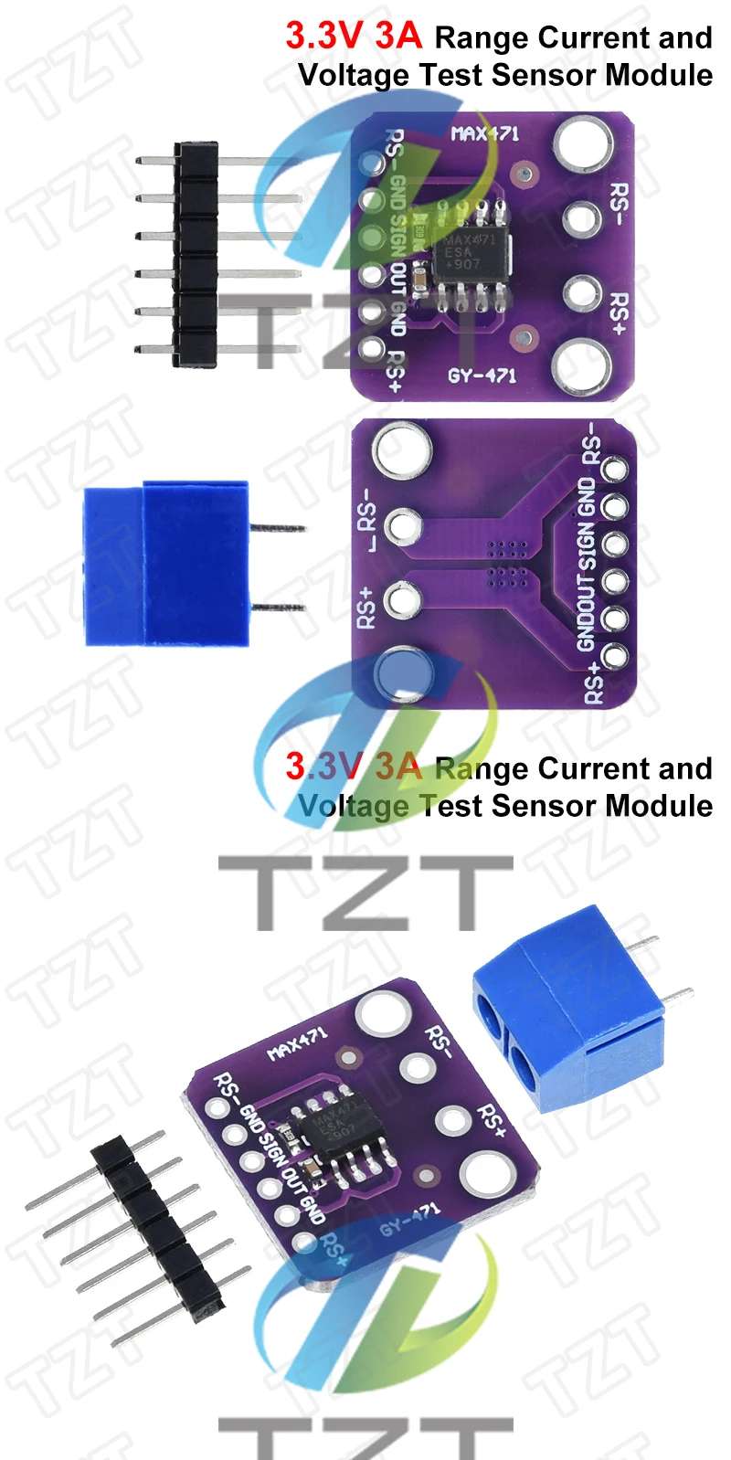 TZT 1/3PCS GY-471 MAX471 3A Stromsensormodul zur Strommessung für Arduino DC 0 -30V – Detail 2